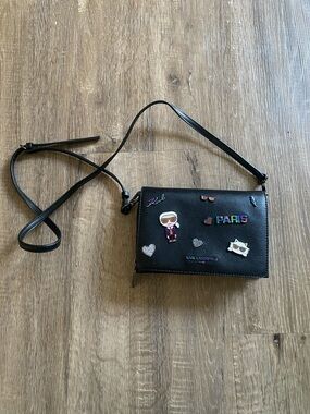 Karl Lagerfeld Black Leather Crossbody with Colorful Paris Pins